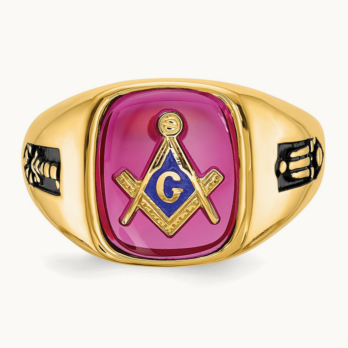 Men's Textured w/ Black Enamel & Lab Cr. Ruby Masonic Ring, 14K