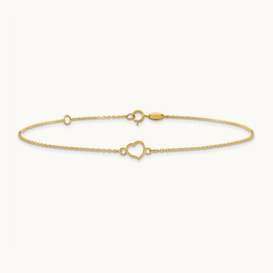 Textured and Polished Heart 9in Plus 1in ext Anklet, 14K