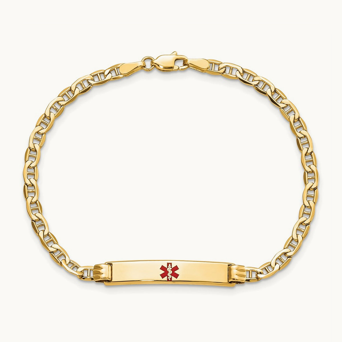 Semi-solid Medical Polished Red Enamel Anchor ID Bracelet, 14K