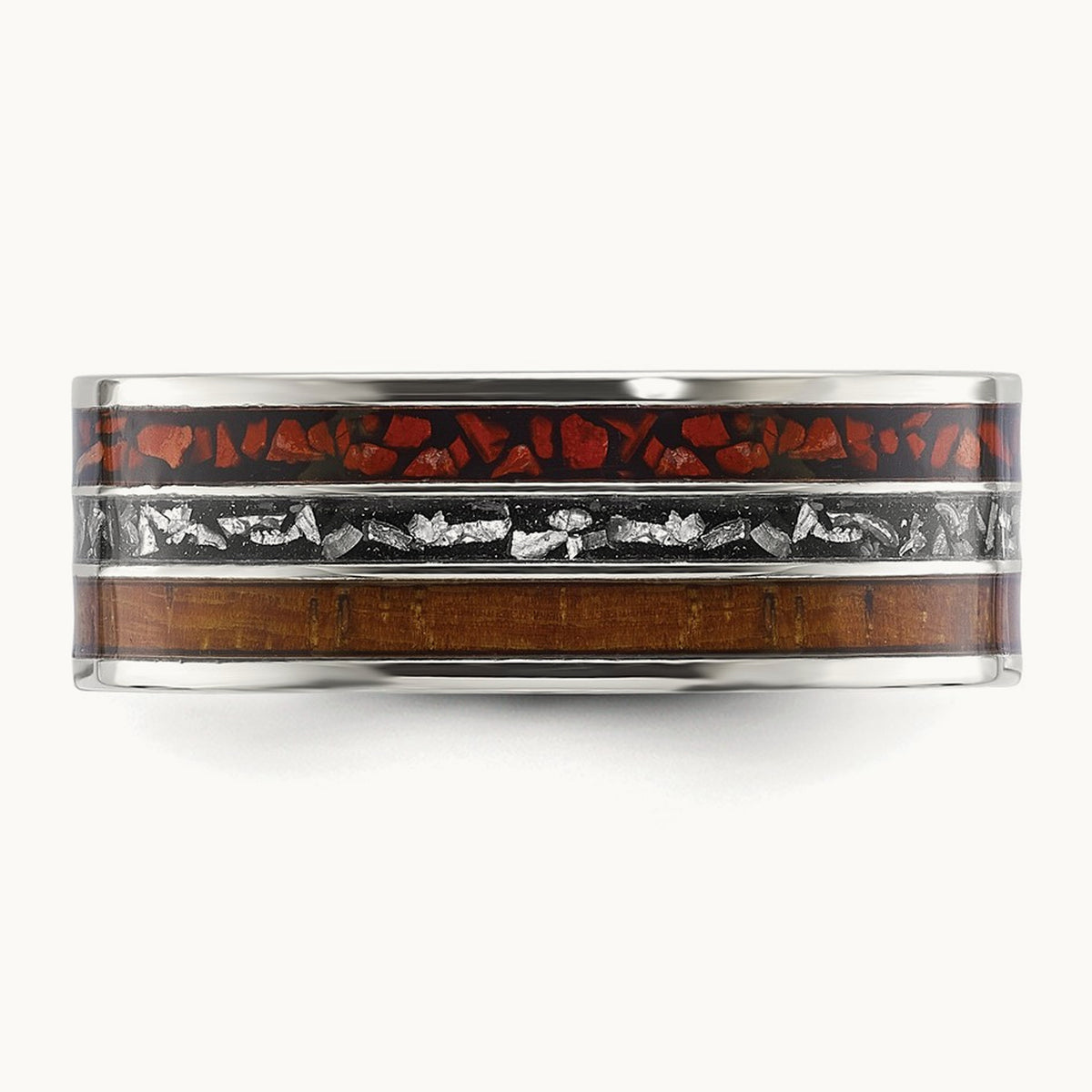 Polished w/Wood/Imt. Meteorite/Redstone Inlay Band, Stainless Steel