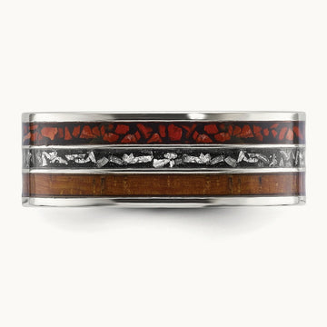 Polished w/Wood/Imt. Meteorite/Redstone Inlay Band, Stainless Steel