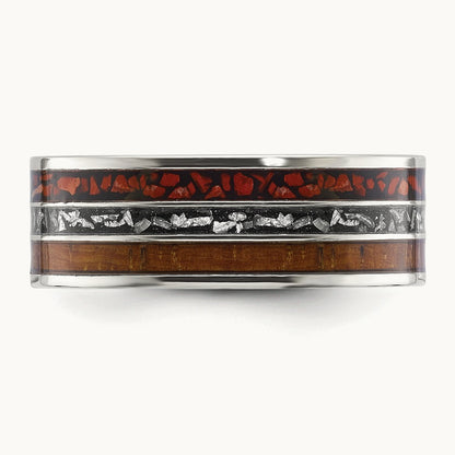 Polished w/Wood/Imt. Meteorite/Redstone Inlay Band, Stainless Steel