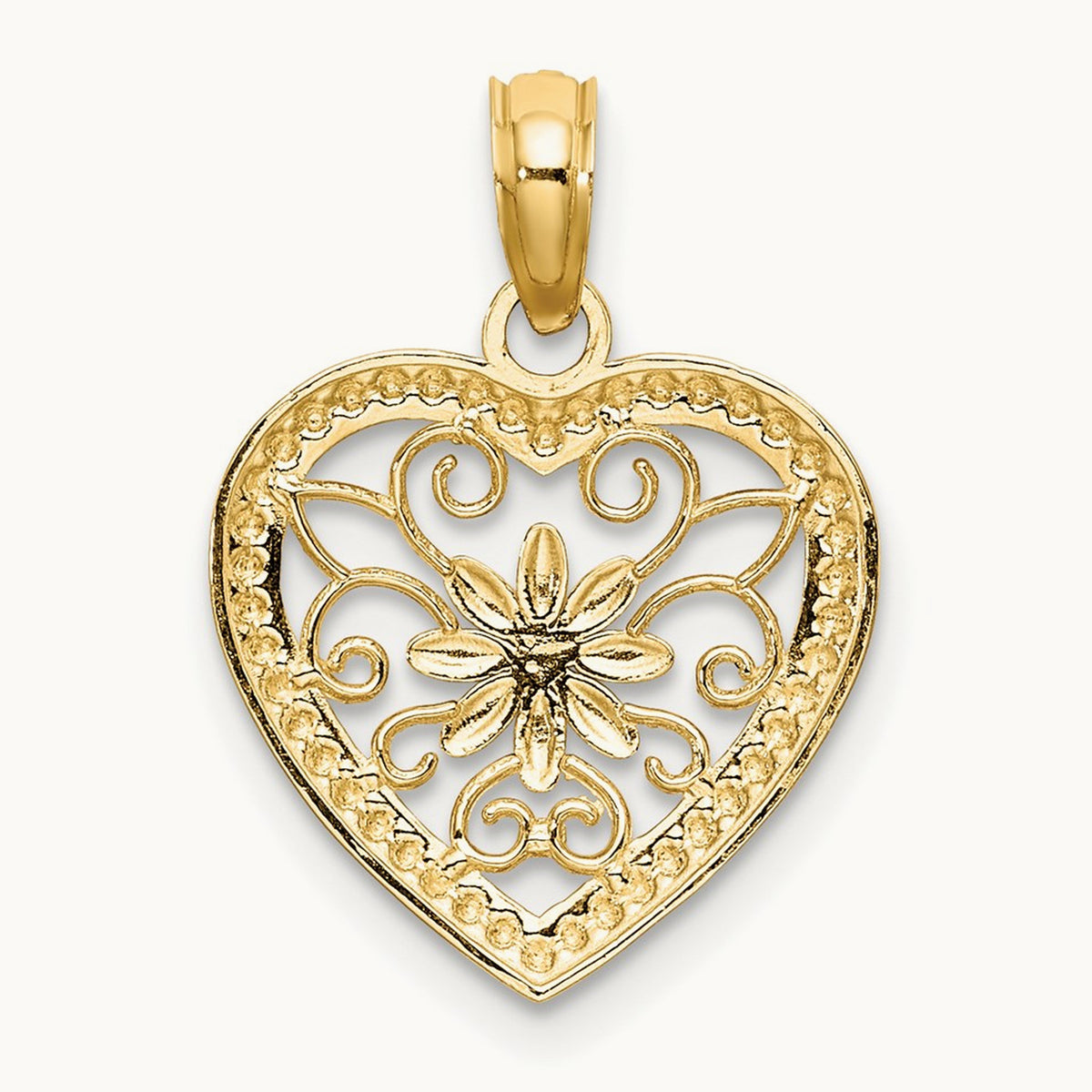 w/ Rhodium Textured Heart Flower Filigree Charm, 14K