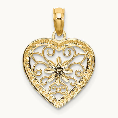 w/ Rhodium Textured Heart Flower Filigree Charm, 14K