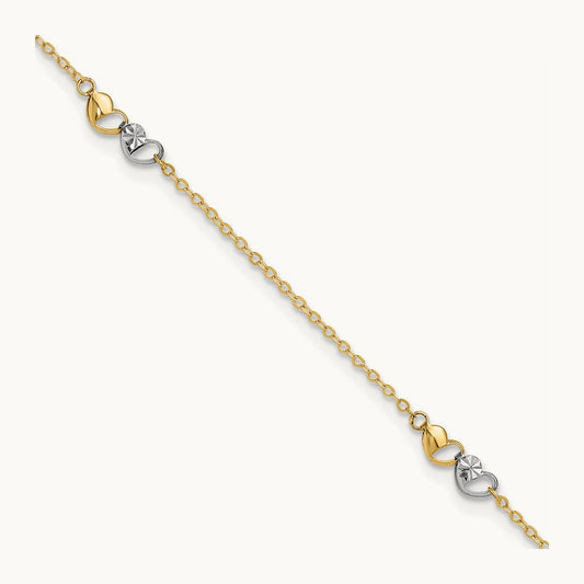 Polished and D/C Hearts 9in Plus 1in ext. Anklet, 14K Two-tone