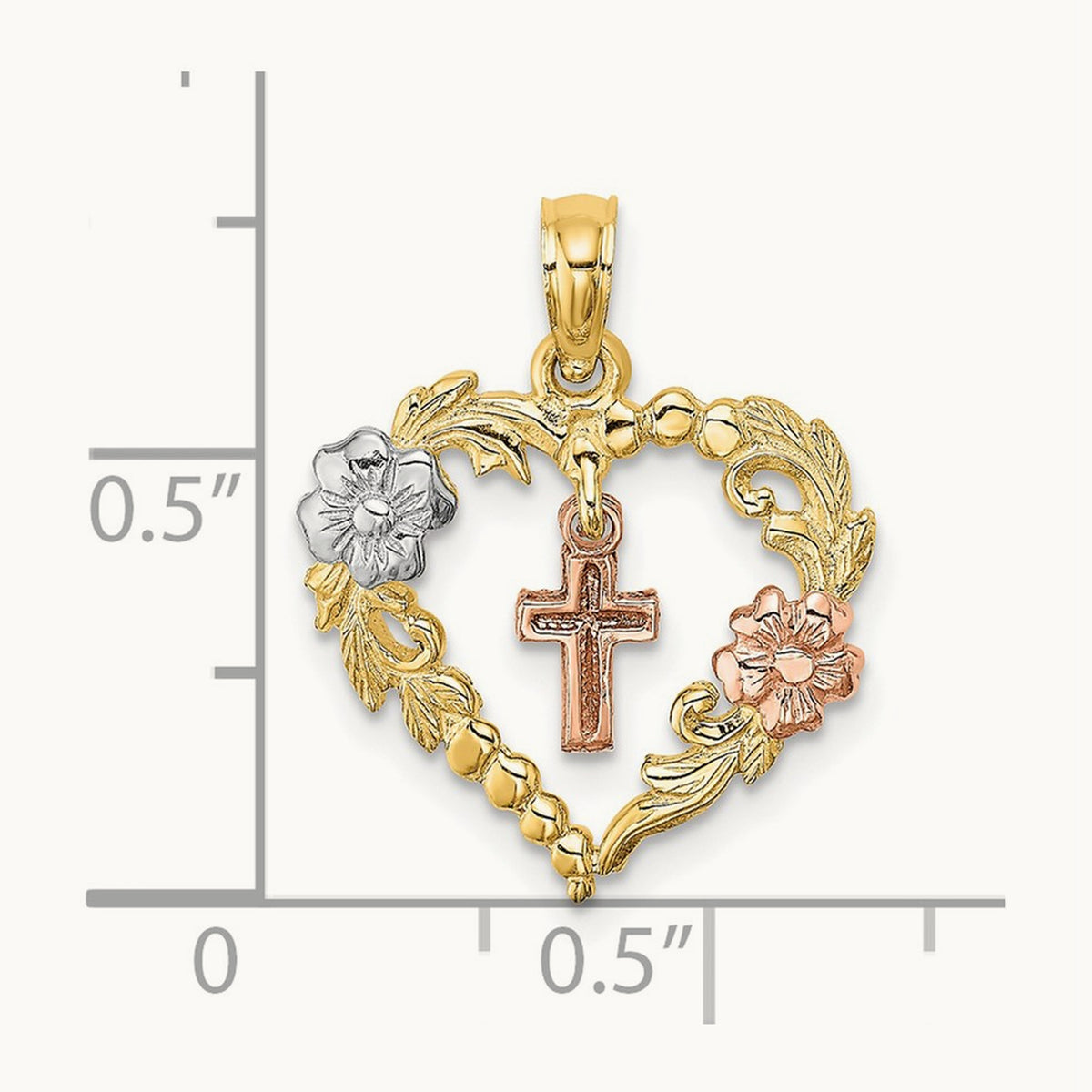 w/White Rhodium Heart w/Cross and Flowers Charm, 14K Two-tone