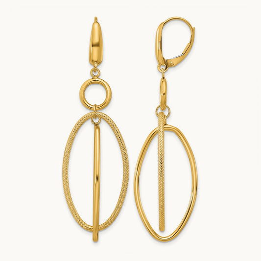 Polished and Textured Oval Dangle Leverback Earrings — 10K Yellow Gold