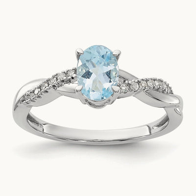 Oval Aquamarine and Diamond Ring — 14K White Gold, 7