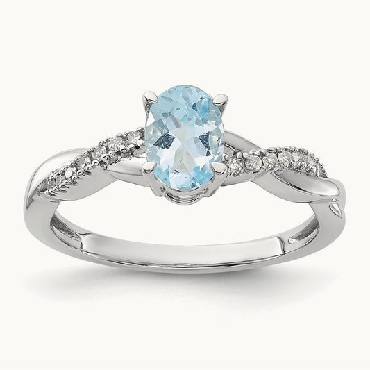Oval Aquamarine and Diamond Ring — 14K White Gold, 7