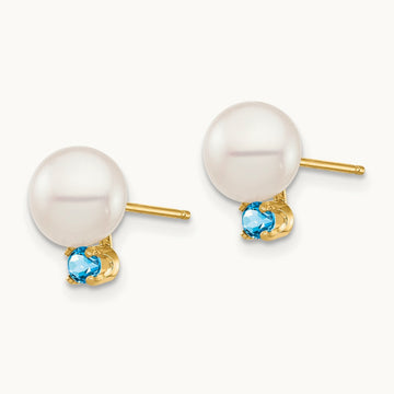 7- White Round FW Cultured Pearl Swiss Blue Topaz Post Earrings, 7.5mm, 14K