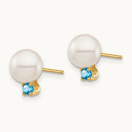 7- White Round FW Cultured Pearl Swiss Blue Topaz Post Earrings, 7.5mm, 14K