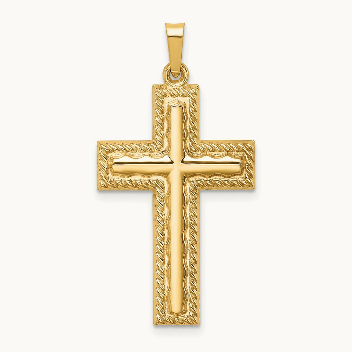 Hollow Polished Rope Edge Latin Cross, 14K