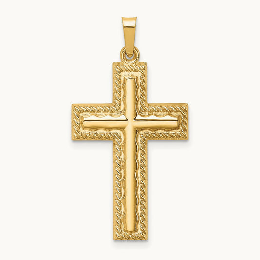 Hollow Polished Rope Edge Latin Cross, 14K