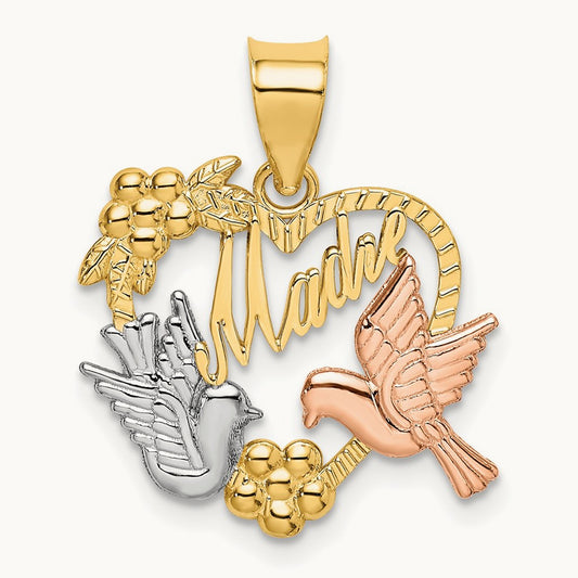 w/White Rhodium MADRE Heart w/Doves Charm, 14K Two-tone
