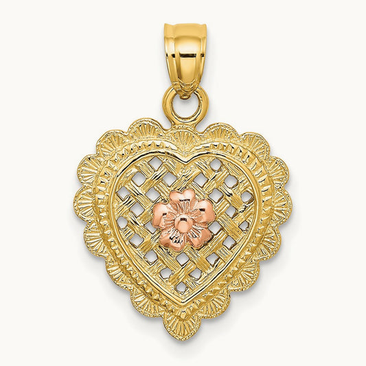 Flower In Heart Basket Charm, 14K Yellow with Rose Gold