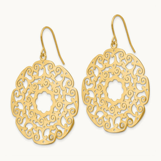 Fancy Lace Filigree Dangle Earrings, 14K