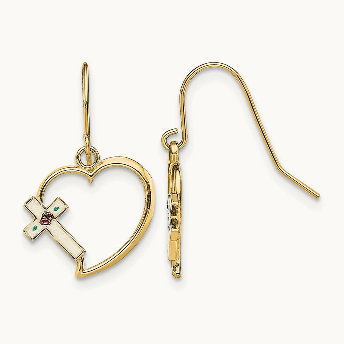 w/ Enamel Cross Heart Dangle Earrings, 14K