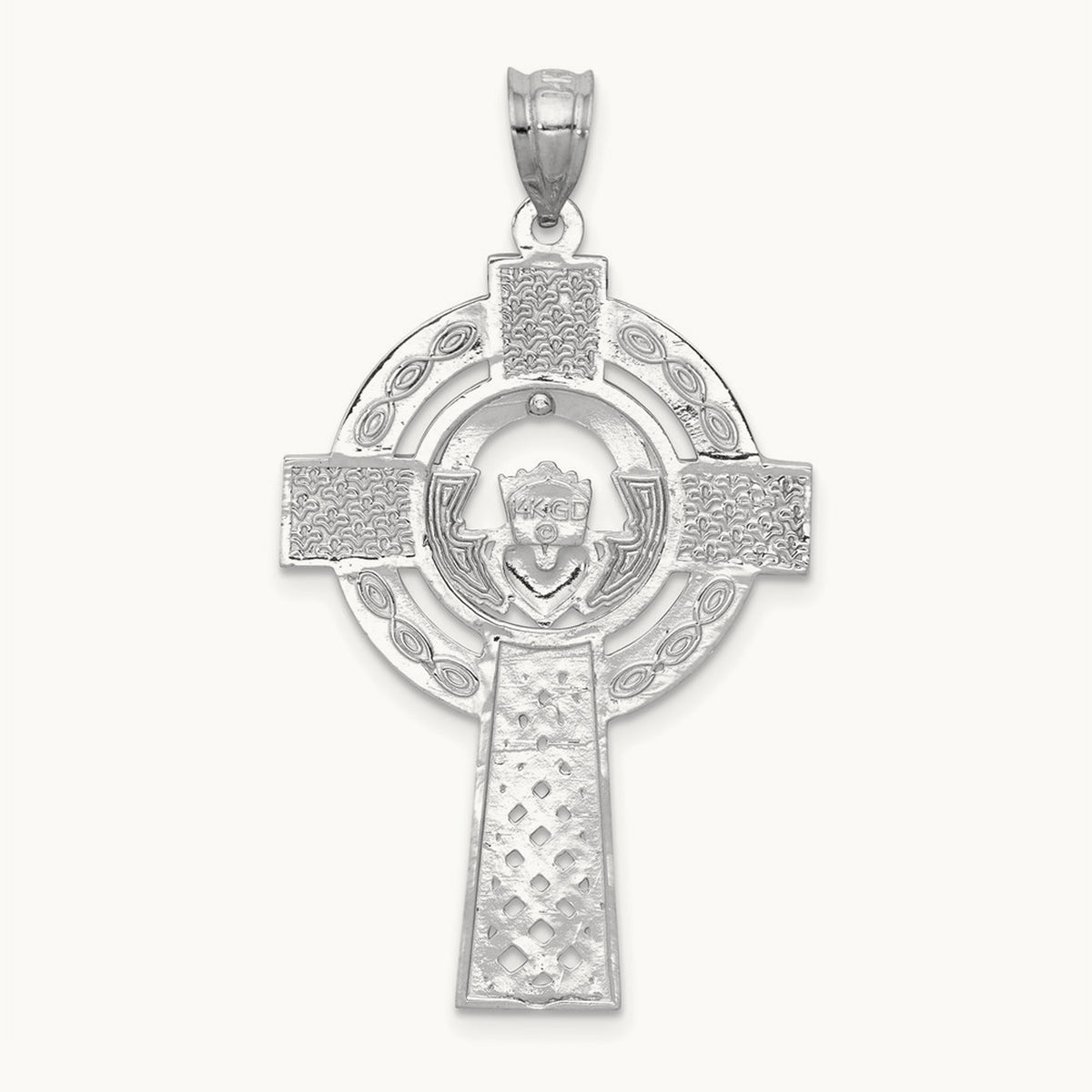 Celtic Claddagh Cross Pendant — 14K White Gold
