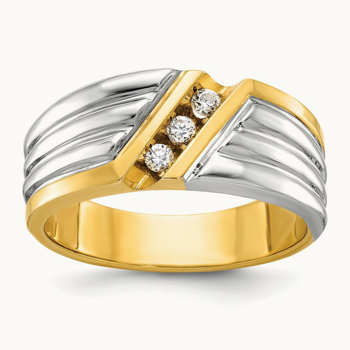 14ktt IBGoodman Men's Polished and Grooved 3-Stone Diamond Ring