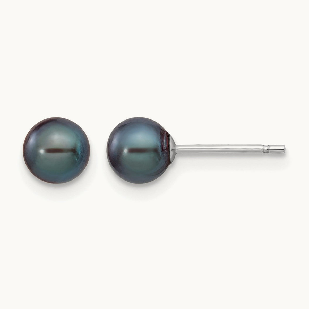 5- Black Round FW Cultured Pearl Stud Post Earrings, 6mm, 14K White Gold