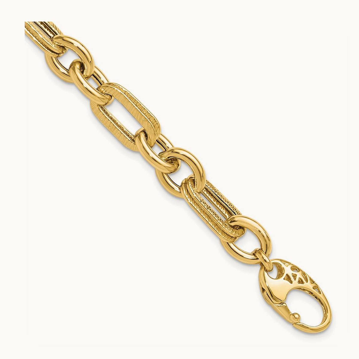 Polished and Textured Fancy Link Bracelet, 14K