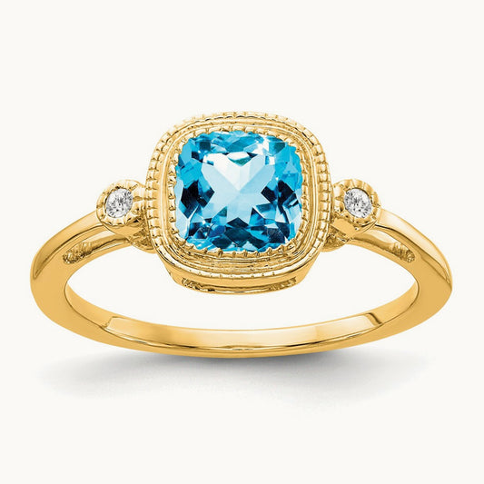 Cushion Blue Topaz and Diamond Ring — 14K Yellow Gold, 7