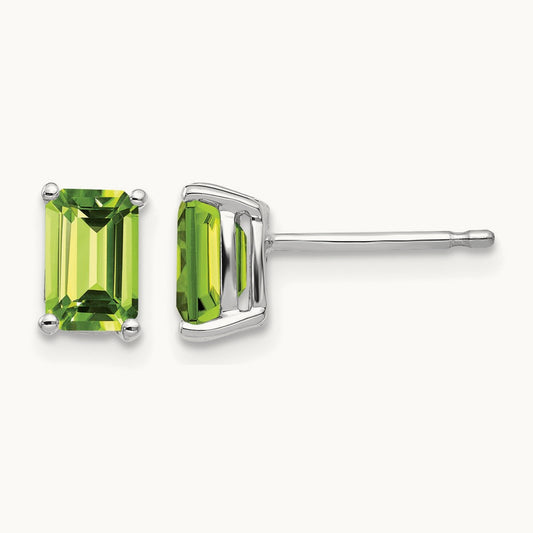 6x4mm Emerald Cut Peridot Earrings, 14K White Gold