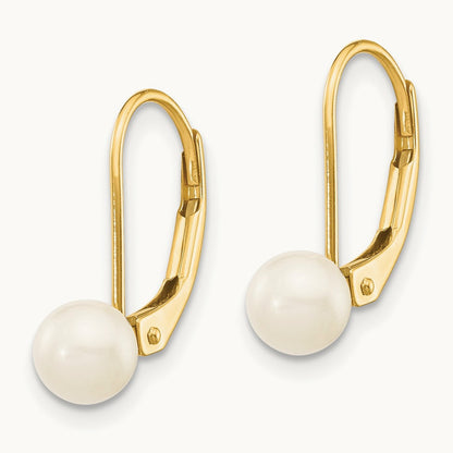 5- White Round Saltwater Akoya Cultured Pearl Leverback Earrings, 6mm, 14K