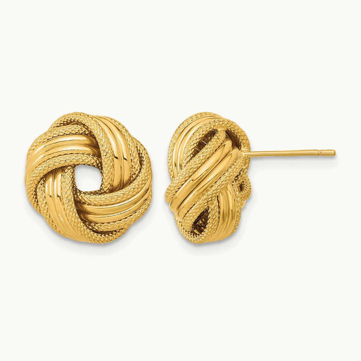 Polished Textured Love Knot Post Earrings — 14K Yellow Gold, 14mm