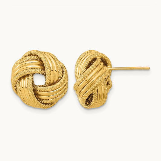 Polished Textured Love Knot Post Earrings — 14K Yellow Gold, 14mm