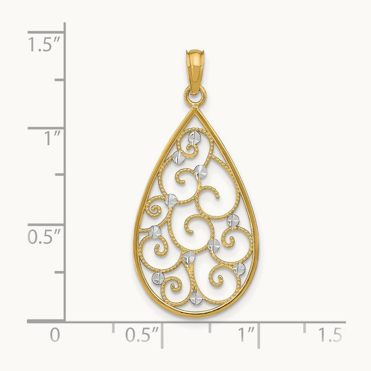 Beaded Filigree Diamond-cut Teardrop Charm with rhodium — 30mm