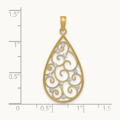 Beaded Filigree Diamond-cut Teardrop Charm with rhodium — 30mm
