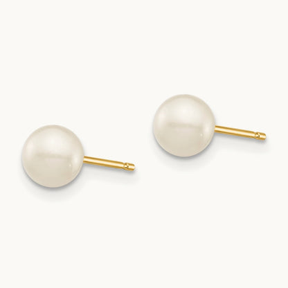Madi K 5- White Round Freshwater Cultured Pearl Stud Post Earrings, 6mm, 14K