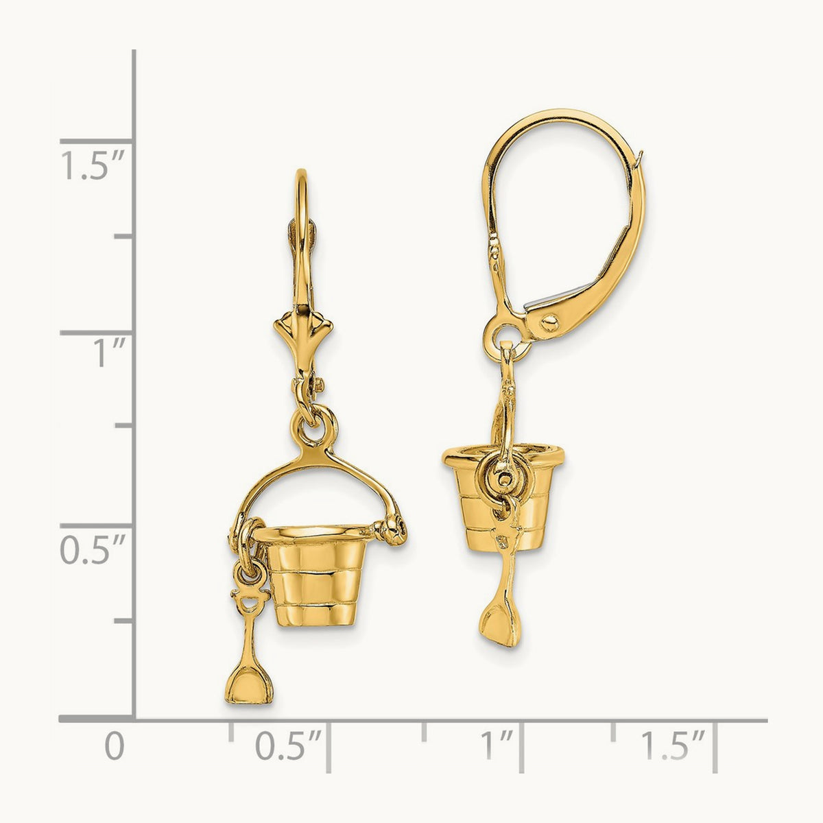 3-D Beach Bucket w/ Shovel Leverback Earrings, 14K