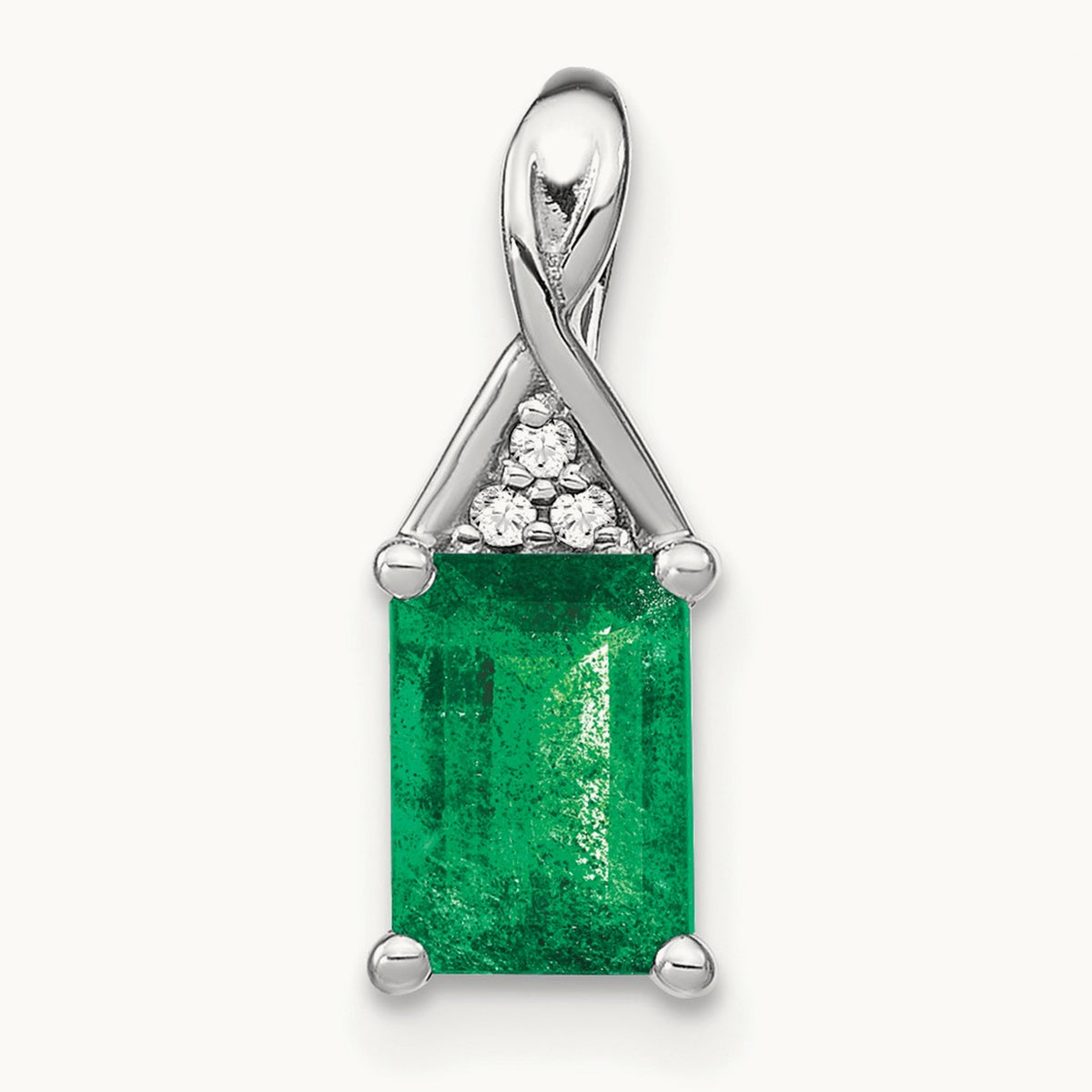 Rectangle Emerald and Diamond Pendant — 14K White Gold, 15.75mm