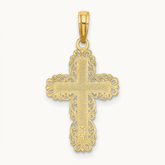 Textured with Lace Trim Cross Charm — 14K Yellow Gold