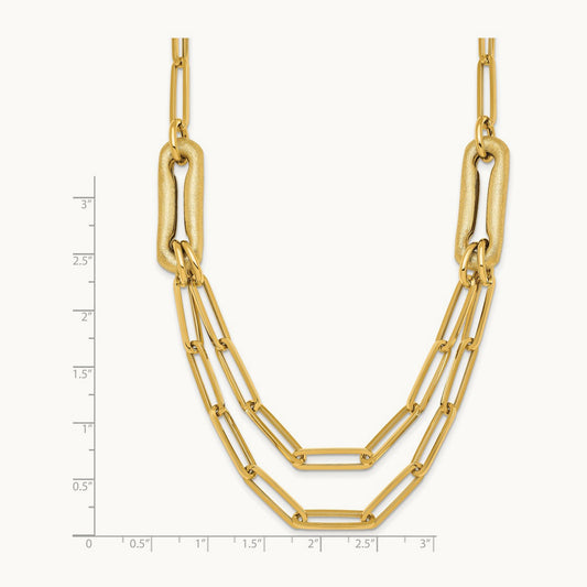Polished And Brushed Double Layer Paperclip Link Necklace, 14K