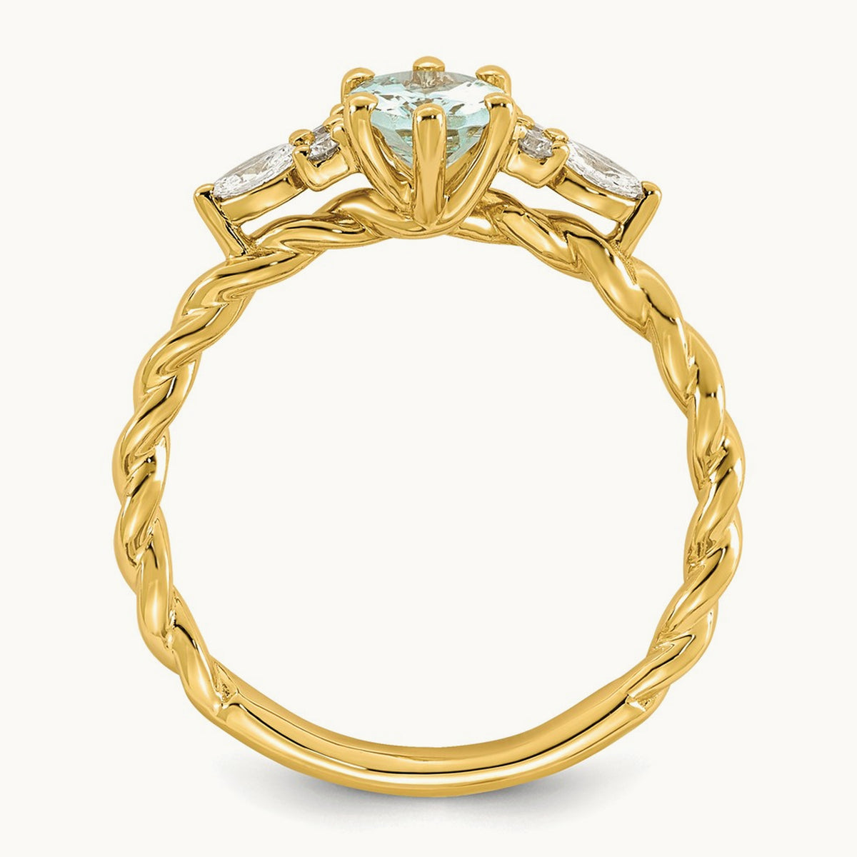 Polished Diamond and Aquamarine Twisted Ring, 14K
