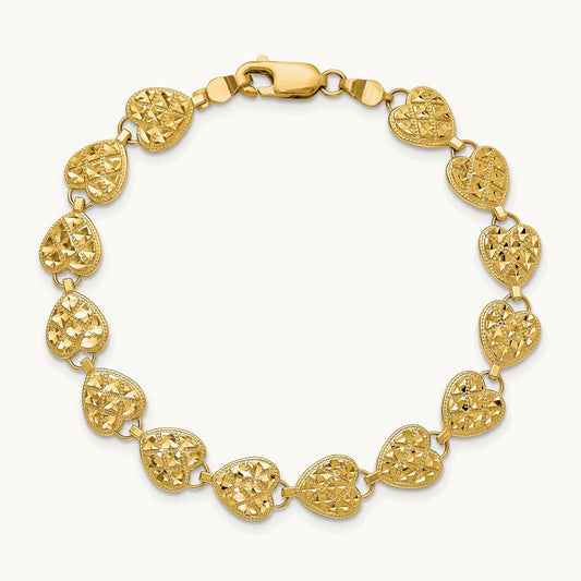 Polished D/C Hearts Bracelet, 14K