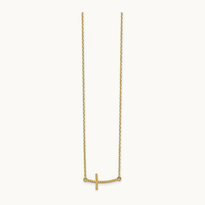 Sideways Curved Textured Cross Necklace — 14K Yellow Gold