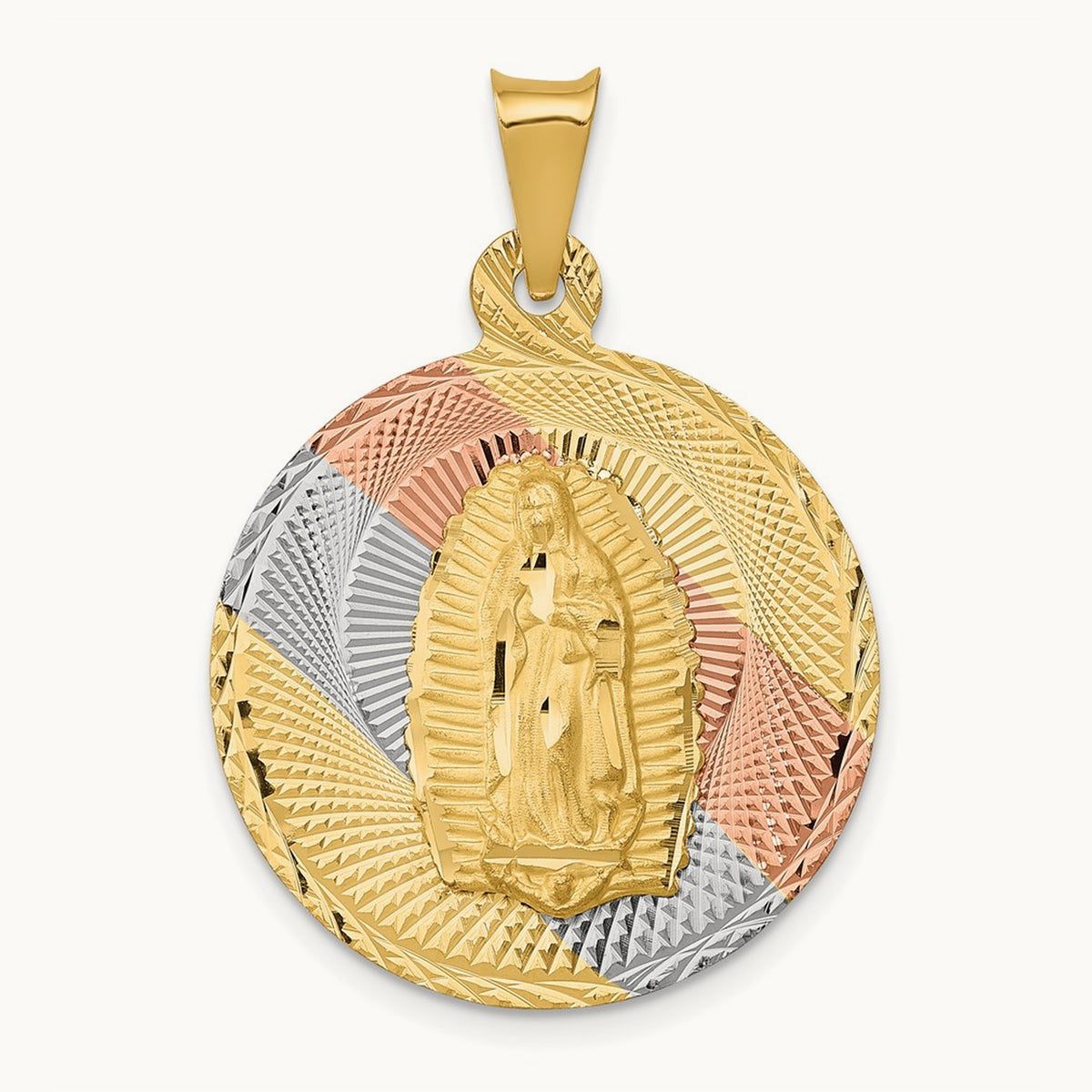 Polished Diamond-cut Lady Of Guadalupe Circle Pendant — 14K Two-Tone Gold, 27.75mm