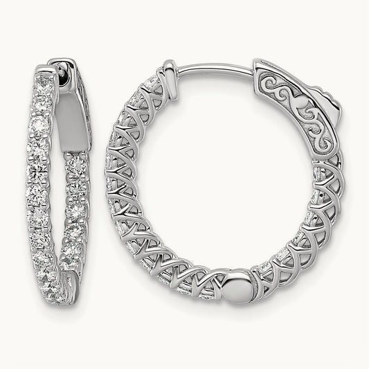 Diamond Round Hoop w/Safety Clasp Earrings, 14K White Gold