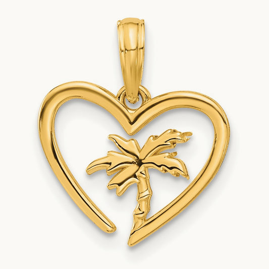 Polished Palm Tree In Heart Pendant, 14K