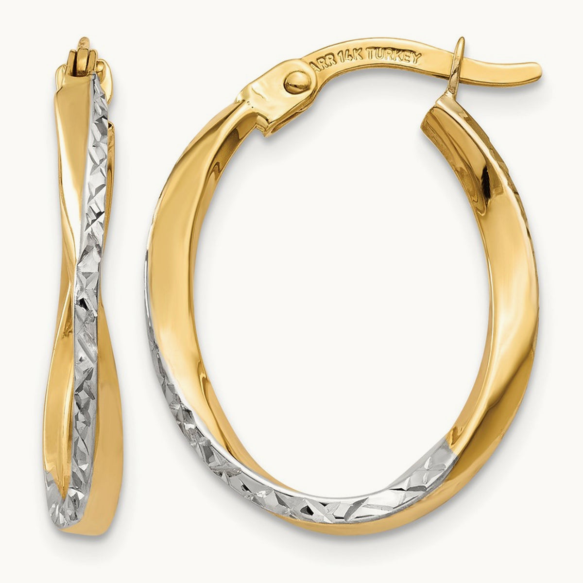 w/White Rhodium Textured and Polished Oval Hoop Earrings, 14K