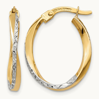 w/White Rhodium Textured and Polished Oval Hoop Earrings, 14K
