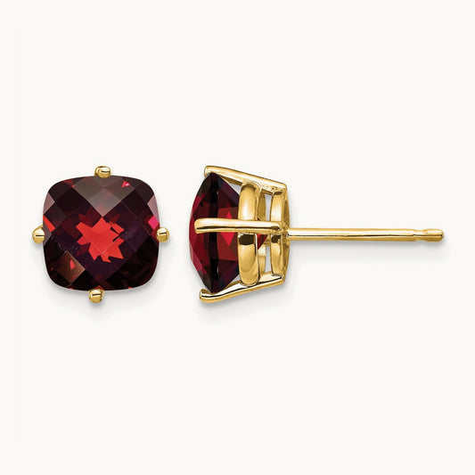 7x7mm Cushion Garnet Checker Earring, 14K