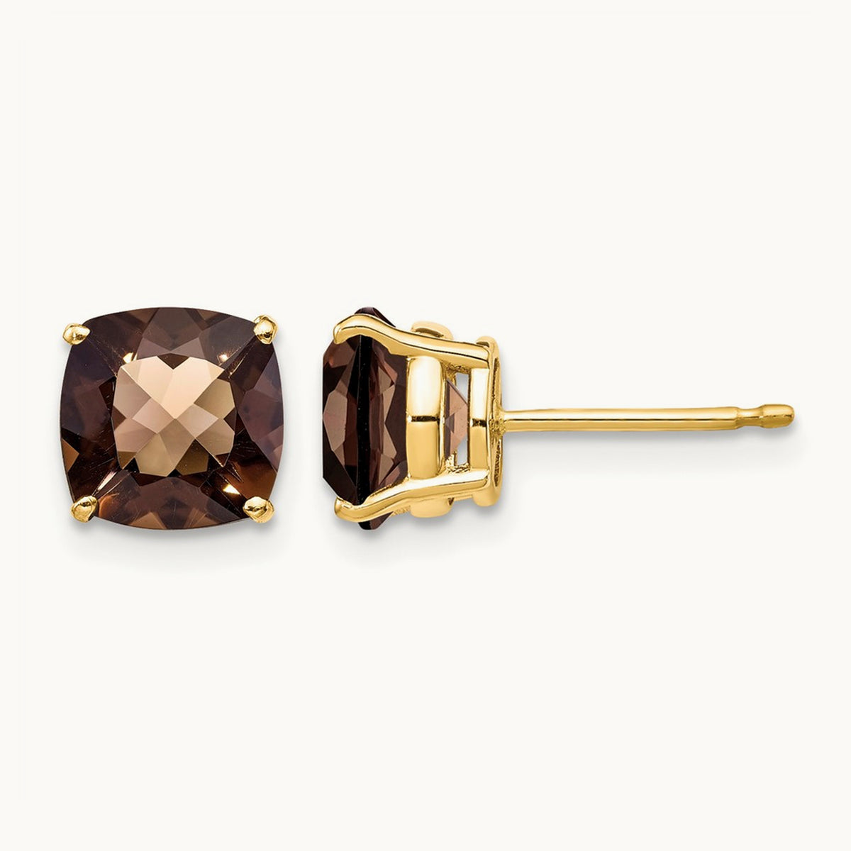 Cushion Checker-Cut Smoky Quartz Earring — 14K Yellow Gold