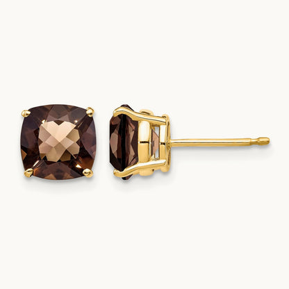 Cushion Checker-Cut Smoky Quartz Earring — 14K Yellow Gold