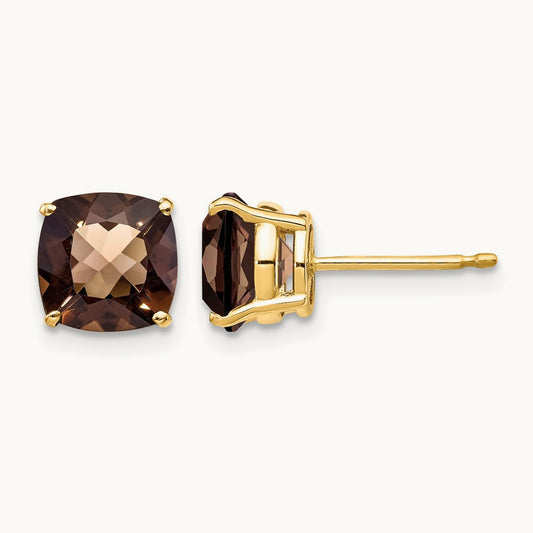 Cushion Checker-Cut Smoky Quartz Earring — 14K Yellow Gold