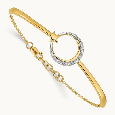 Polished Moon and Star Diamond 7in w/.5in ext Bracelet, 14K